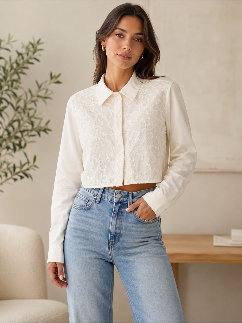 Cream Lace Cropped Button-Down Shirt - Picture 1 of 9